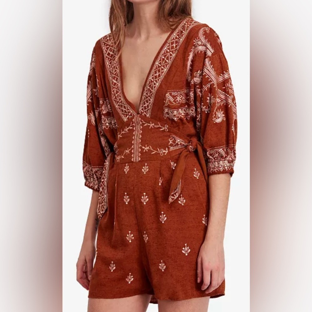 FREE PEOPLE Azalia Embroidered Brown Romper Size Small